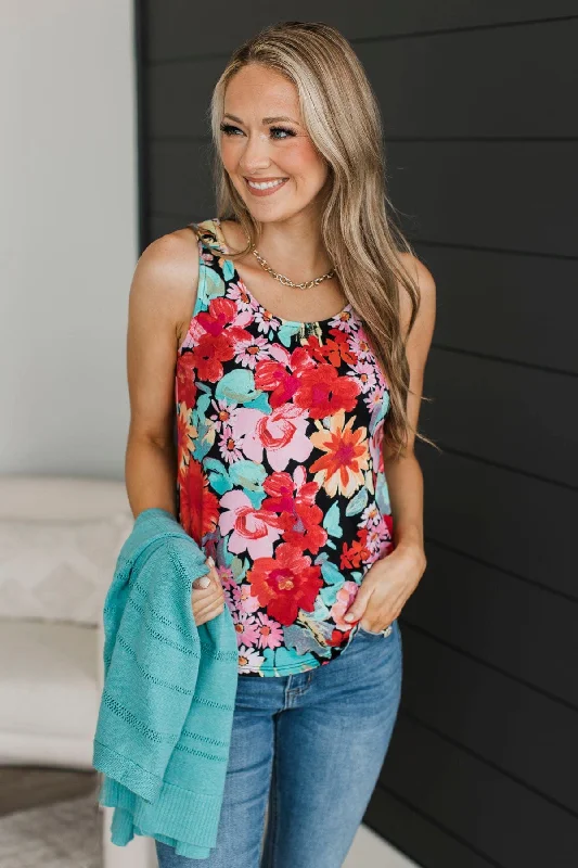 Offer Me The World Floral Tank Top- Black & Tomato