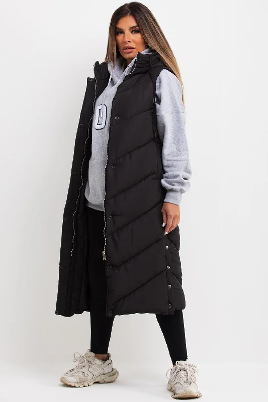 Black Long Gilet With Chevron Padded Style