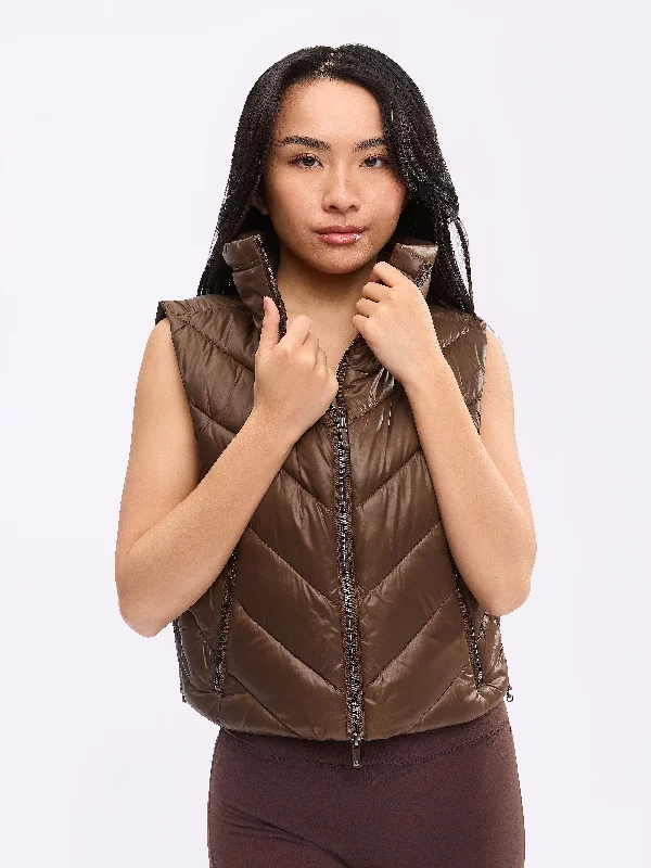 Cinch Waist Puffer Vest - Dark Brown