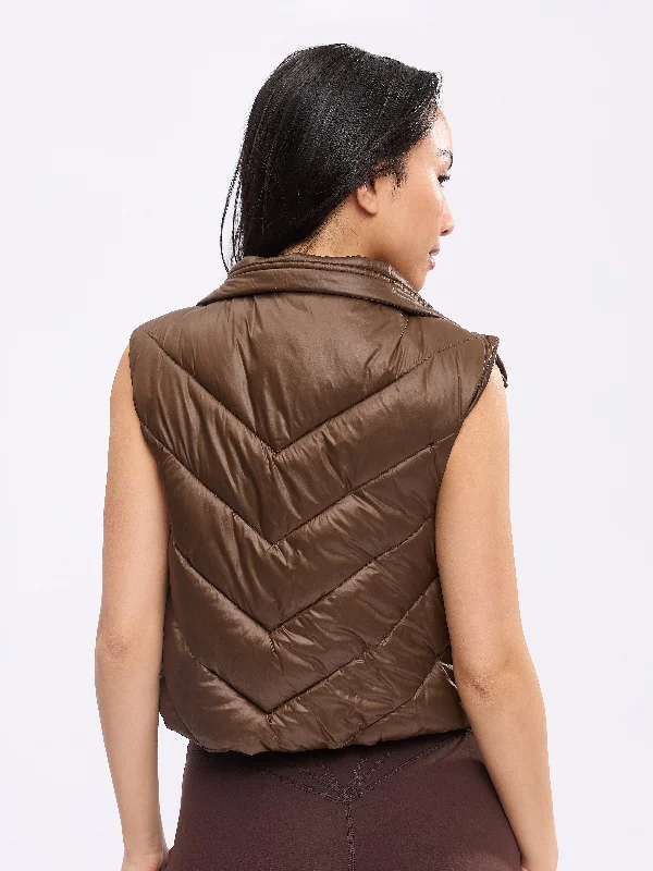 Cinch Waist Puffer Vest - Dark Brown