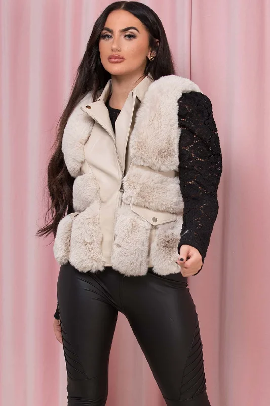 Cream Faux Fur Faux Leather Gilet With Pocket Detail