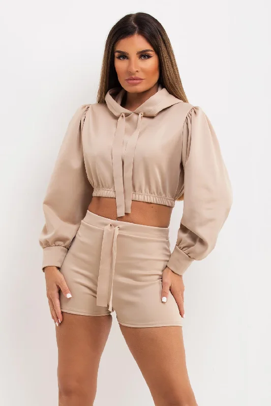 Crop Hoodie And Shorts Co Ord Set Beige