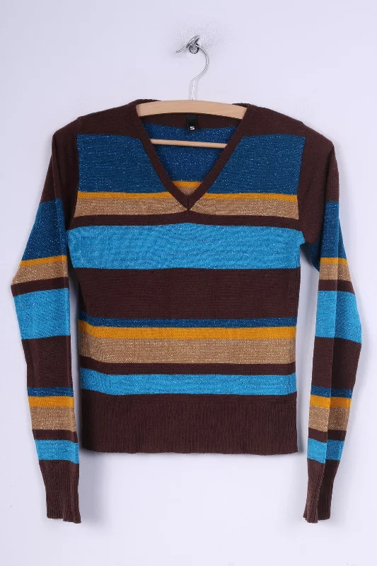 H&M Divided Womens S Jumper Sweater V Neck Striped Brown /Blue Shiny