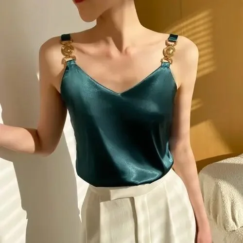 Elegant Solid V-Neck Silk Cami Tank Top