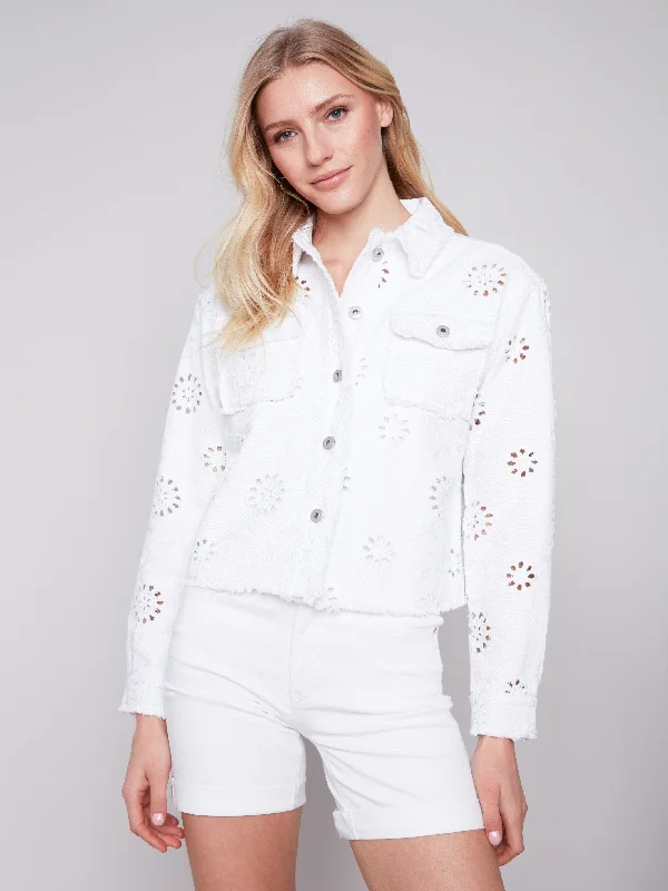 Embroidered Eyelet Denim Jacket - White