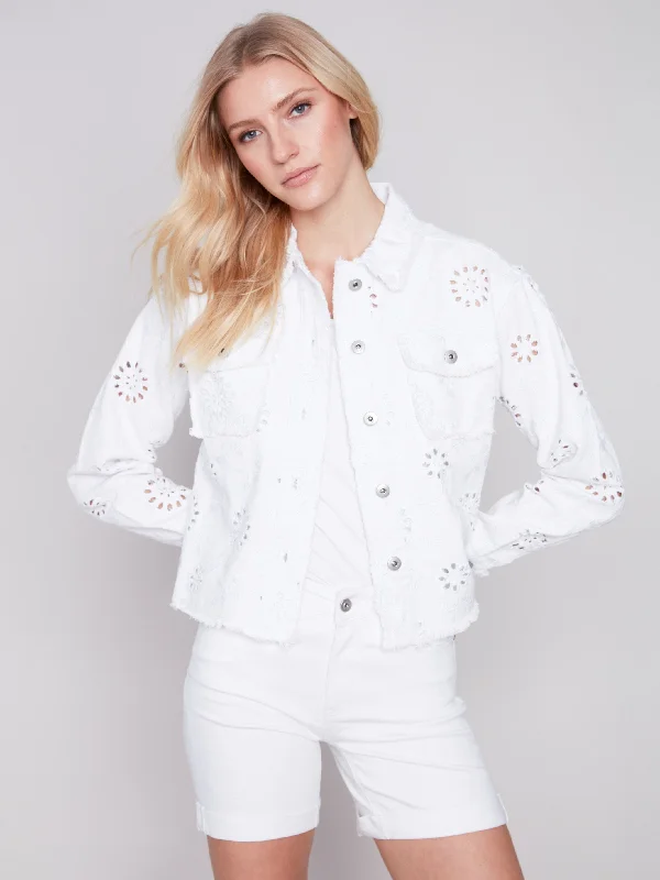 Embroidered Eyelet Denim Jacket - White