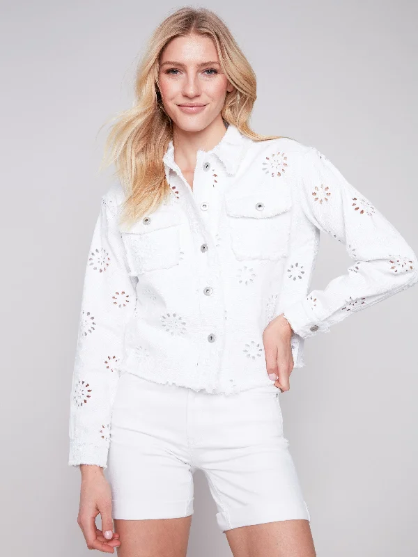 Embroidered Eyelet Denim Jacket - White