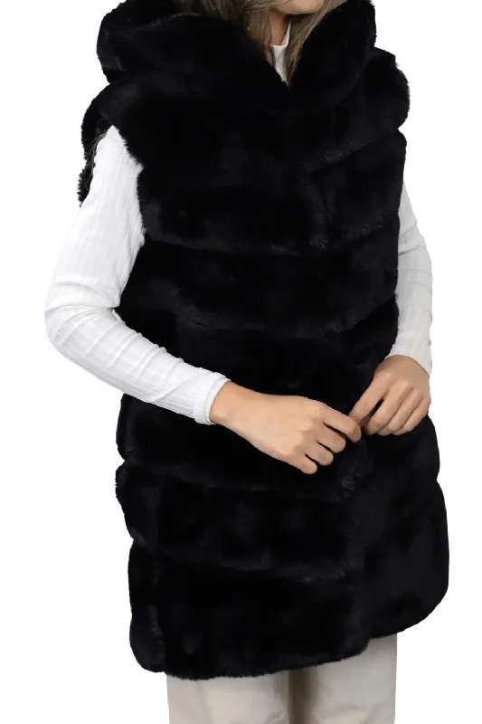 Hooded Faux Fur Woven Vest - Black