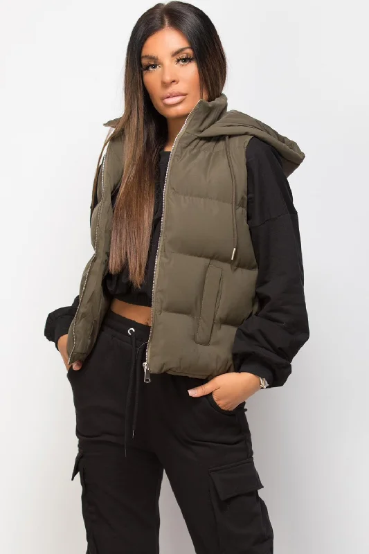 Hooded Padded Gilet Sleeveless Jacket Khaki