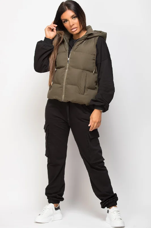 Hooded Padded Gilet Sleeveless Jacket Khaki