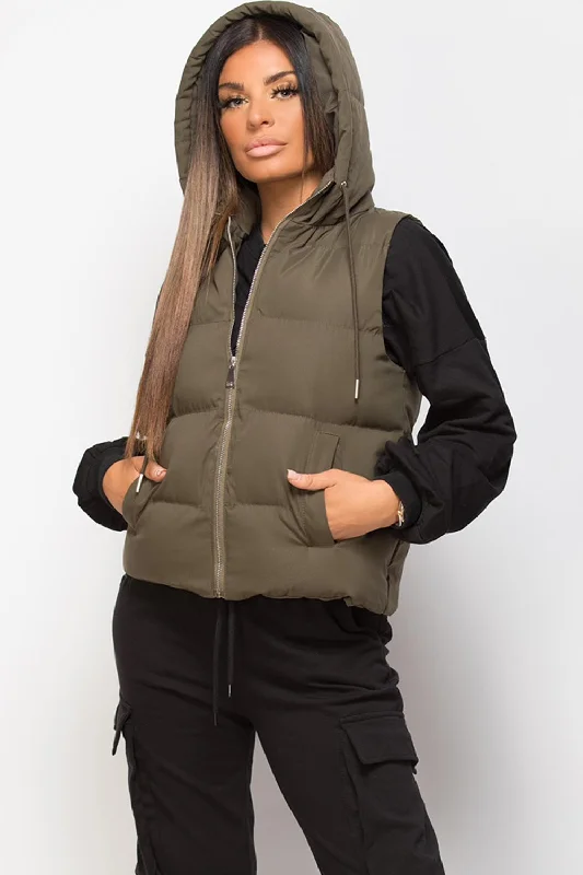 Hooded Padded Gilet Sleeveless Jacket Khaki