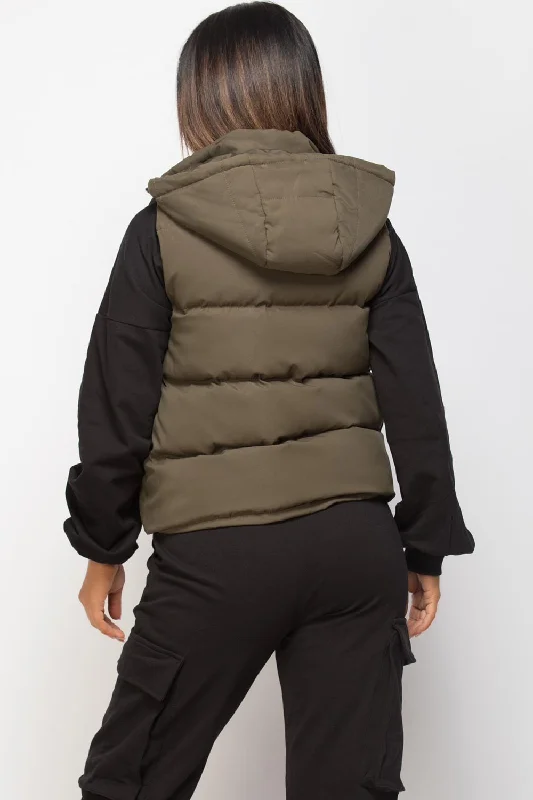 Hooded Padded Gilet Sleeveless Jacket Khaki