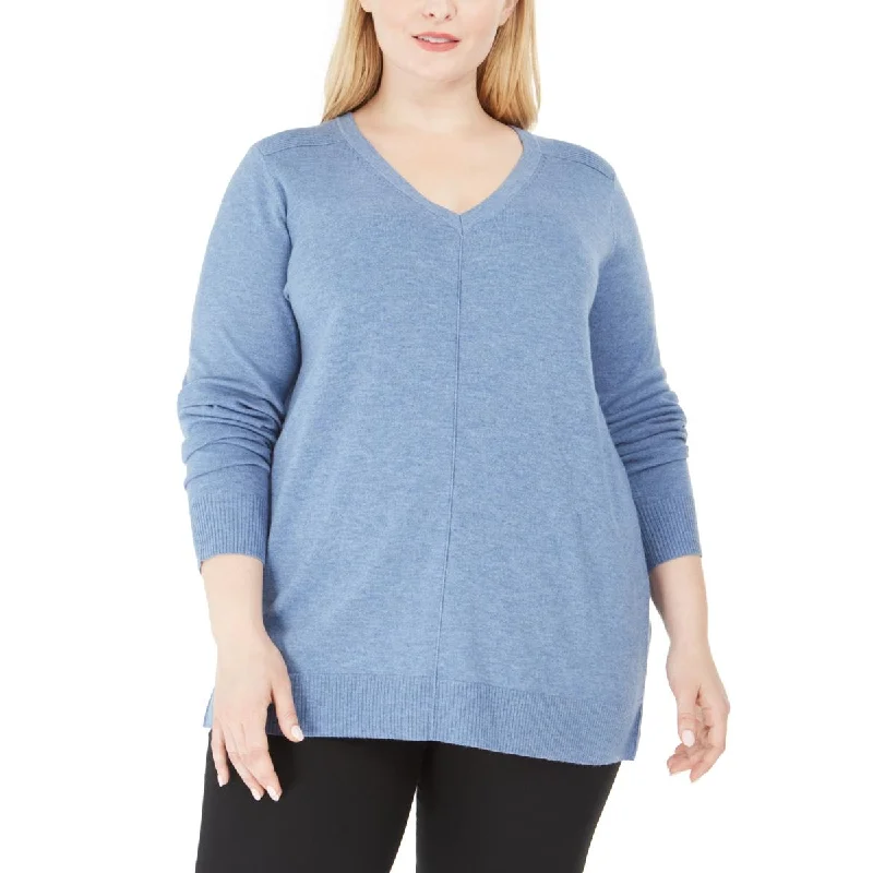 Karen Scott Womens Plus Ribbed Trim V-Neck Sweater