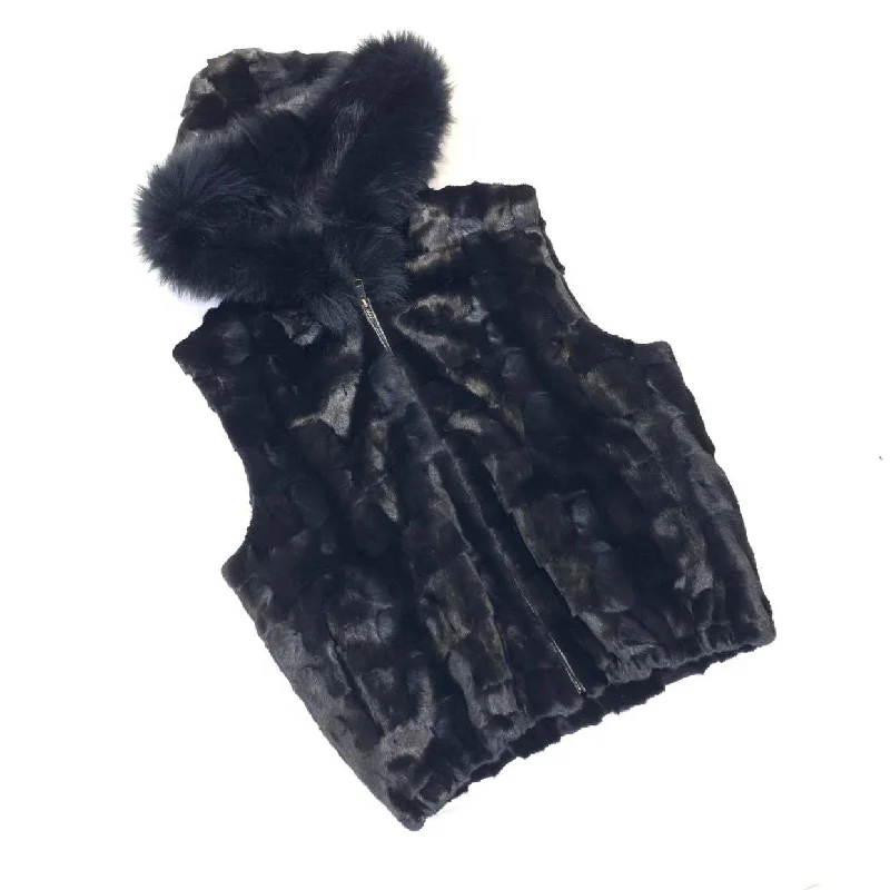 Kashani Black Mink Diamond Cut Fox Fur Hooded Vest