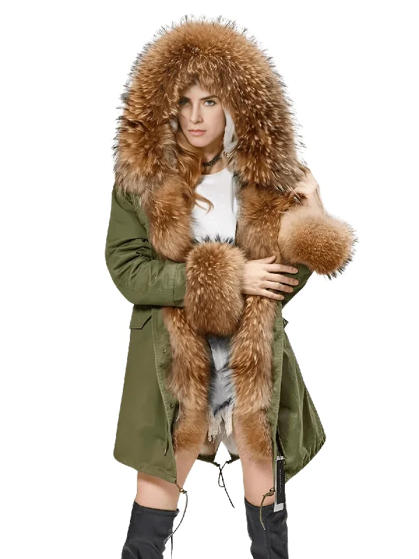 Women's Long Parka Real Rabbit Fur Lining & Real Fox Fur Collar