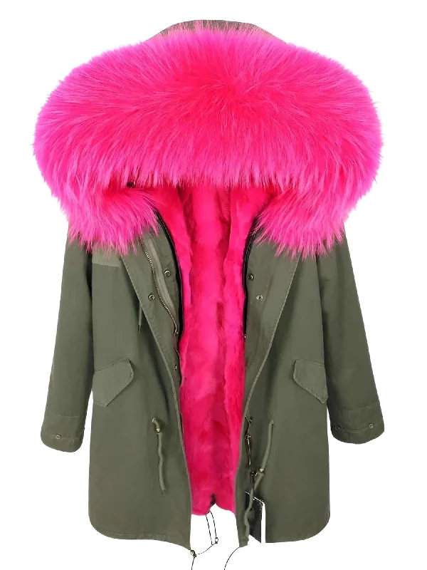 Army Green - Deep Pink (Fur On Hood & Lining Only) / S