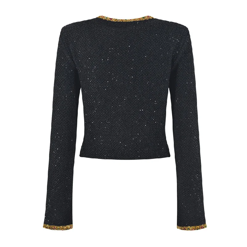 Opulent Crystal Trim Crew Neck Button Up Cropped Wool Knit Sequin Cardigan