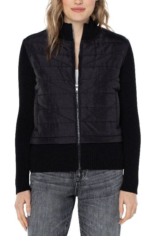 Quilted Front Full Zip Sweater | Porcelain, Black