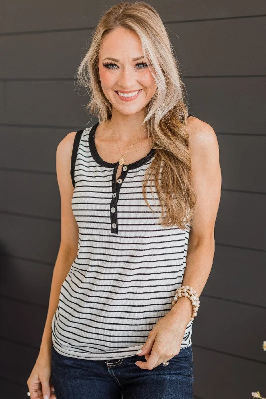 Return The Favor Striped Button Tank Top- Black & White