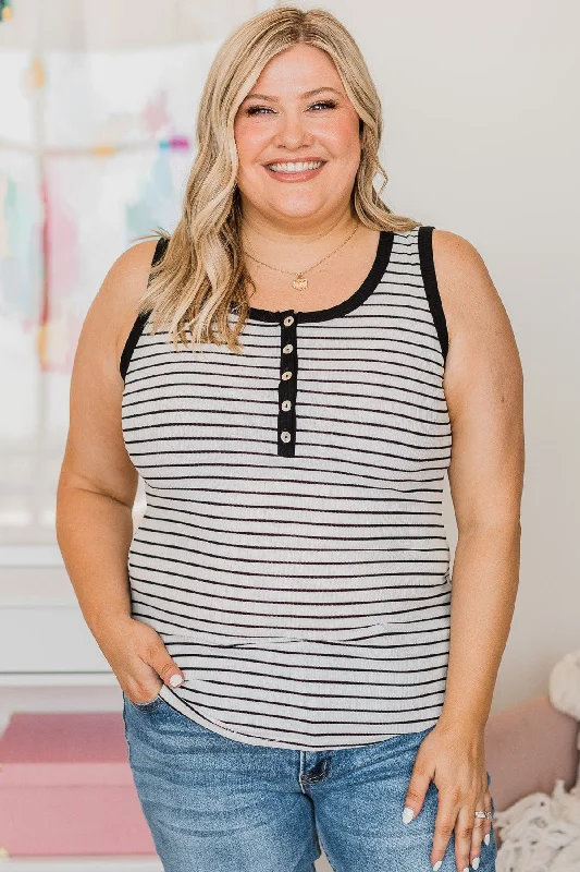 Return The Favor Striped Button Tank Top- Black & White