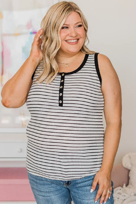 Return The Favor Striped Button Tank Top- Black & White