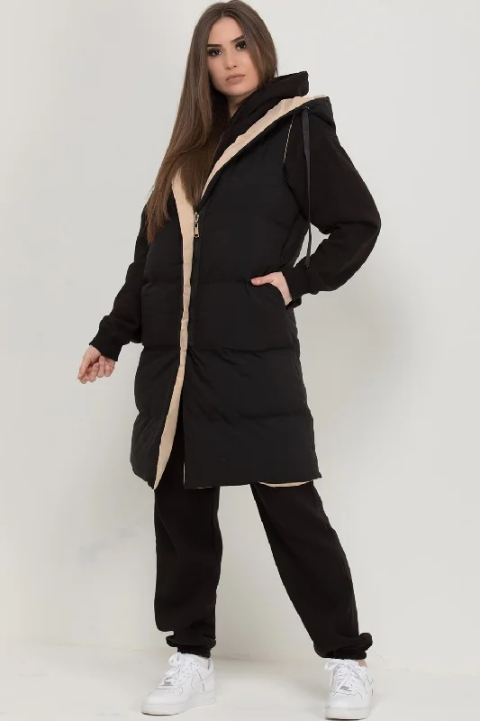 Reversible Padded Longline Hooded Gilet Black Stone