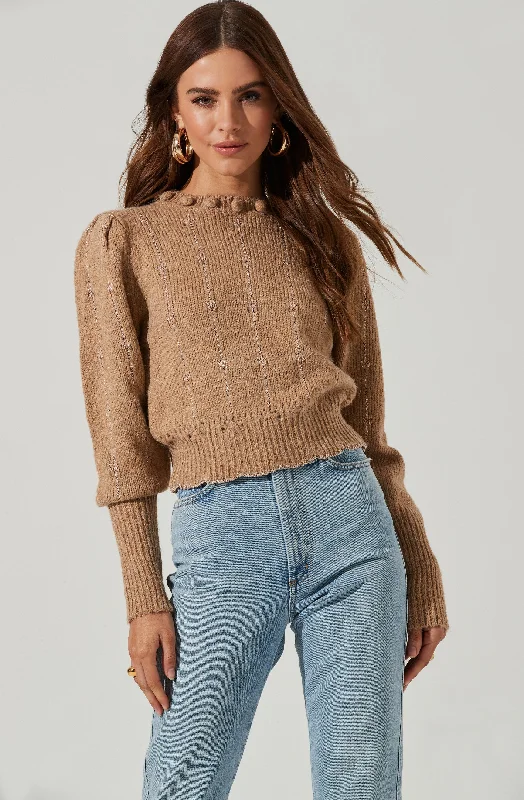 Scallop Hem Pom Pom Neck Sweater