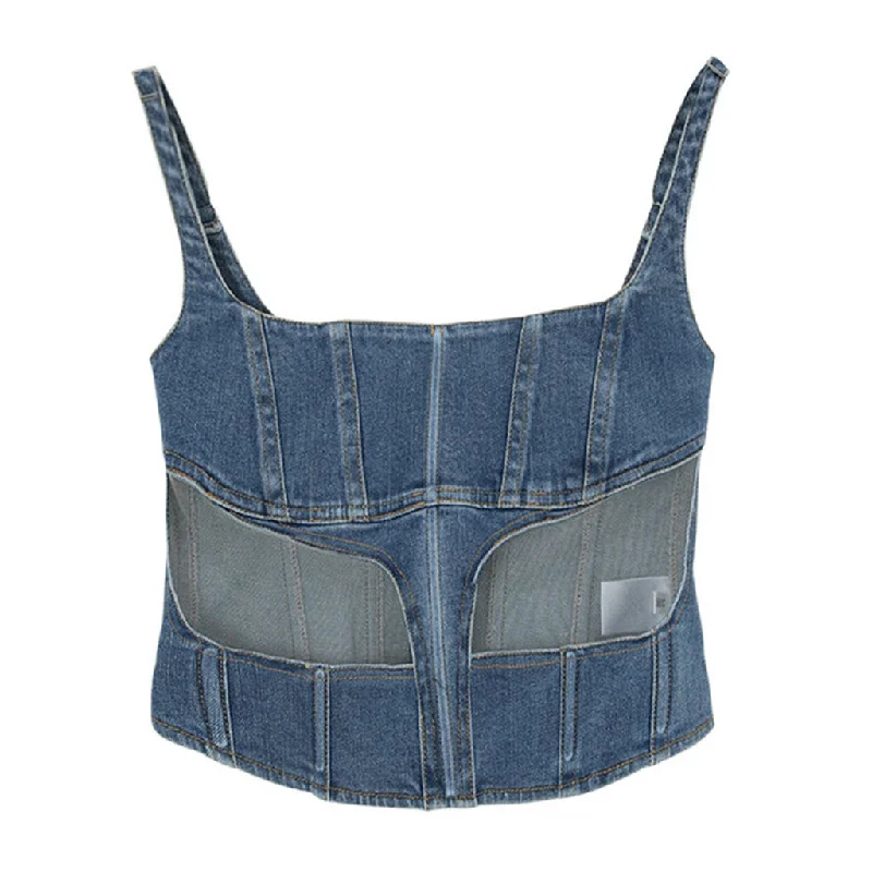 Stylish Square Neck Sleeveless Tulle Panel Denim Corset Crop Top