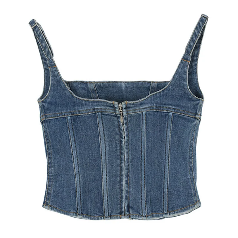 Stylish Square Neck Sleeveless Tulle Panel Denim Corset Crop Top