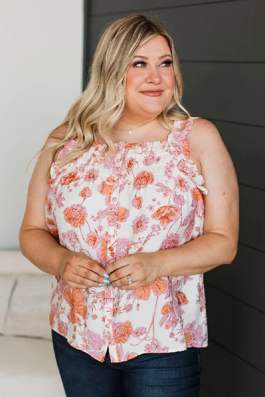 Sweet As Spring Floral Tank Top- Ivory & Apricot