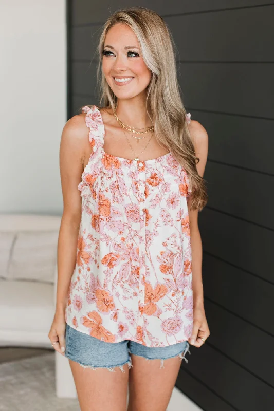 Sweet As Spring Floral Tank Top- Ivory & Apricot