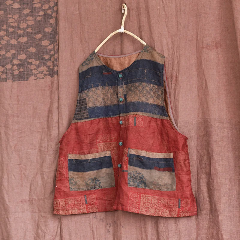 Women Retro Patchwork Linen Loose Vest