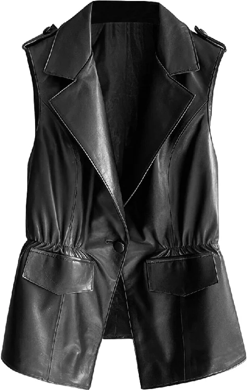 Women’s Black Genuine Sheepskin Notched Lapel Collar Classic Suit Overcoat Spring Autumn Fashionable Leather Sleeveless Vest