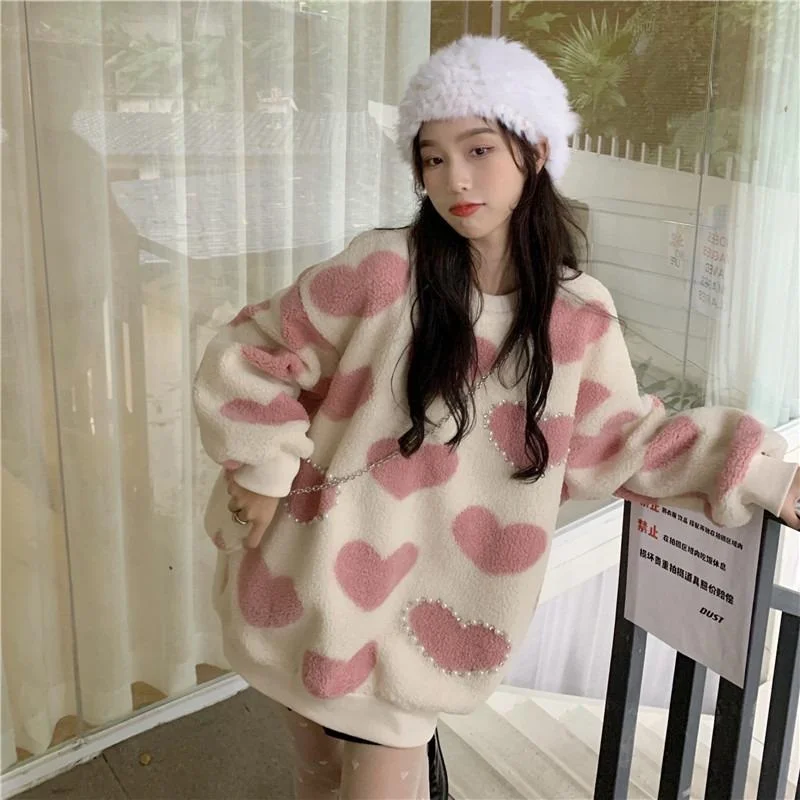 Women's Kawaii Heart Knitted Sherpa Sweatshirt