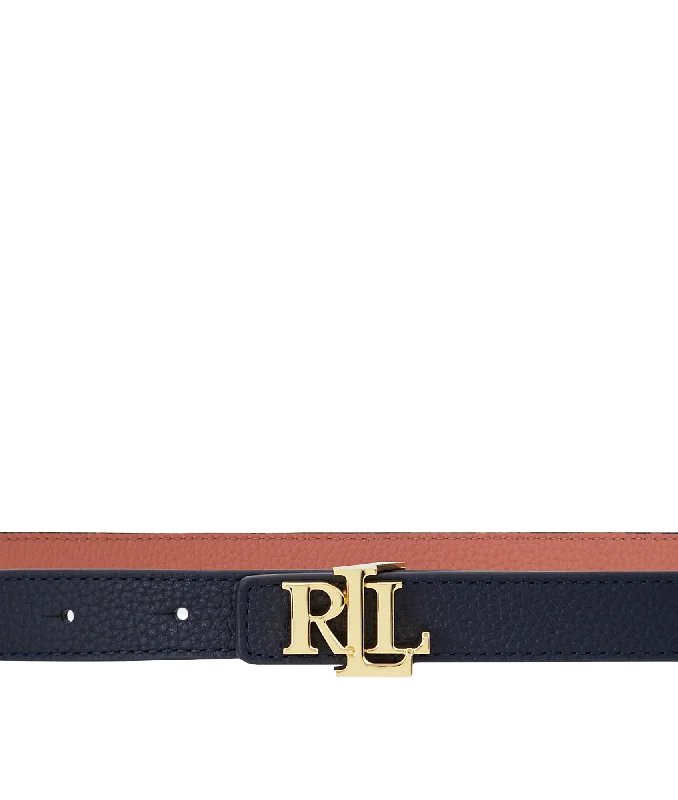 Logo Reversible Leather Skinny Belt - Navy