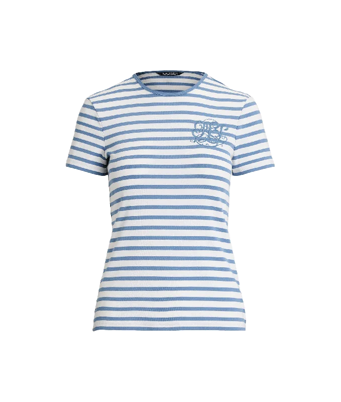 Striped Stretch Cotton Crewneck Tee - Blue