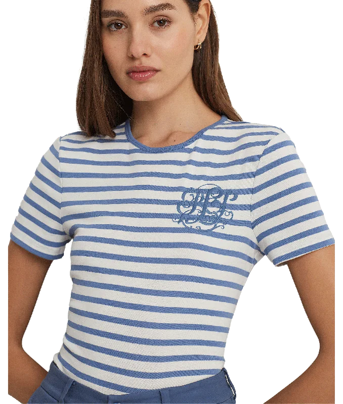 Striped Stretch Cotton Crewneck Tee - Blue