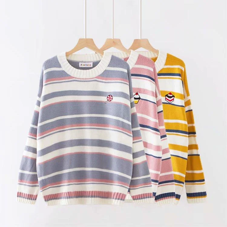 Women's Sweet Colorful Striped Cake Embroidered Knitted Sweaters