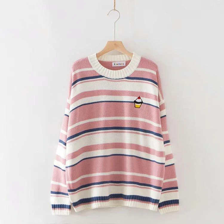 Women's Sweet Colorful Striped Cake Embroidered Knitted Sweaters