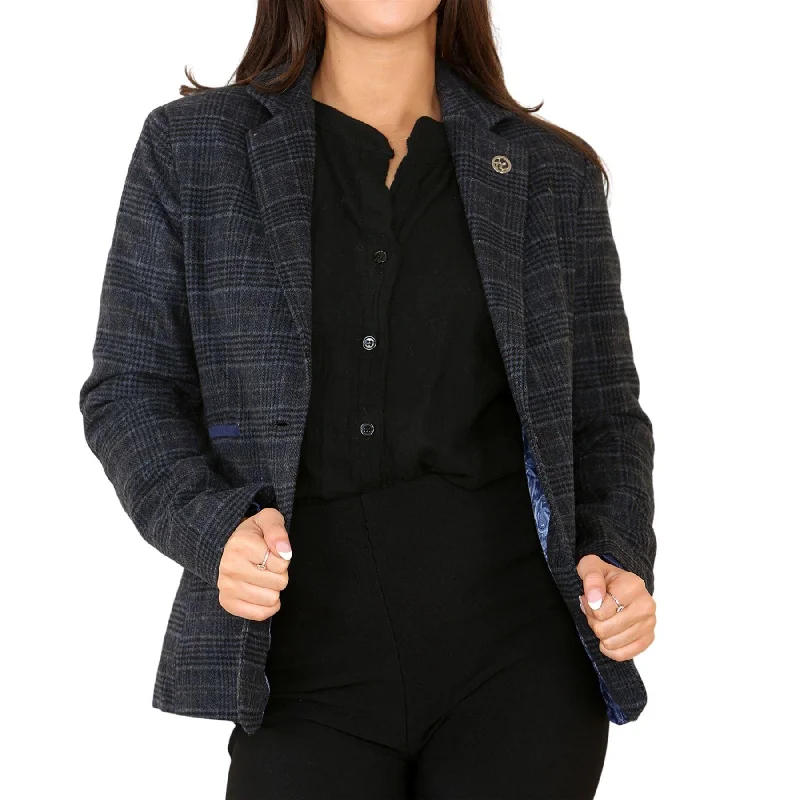 Womens Tweed Check Waistcoat Blazer Suit Navy Blue Classic Vintage Elboy Patch 1920s