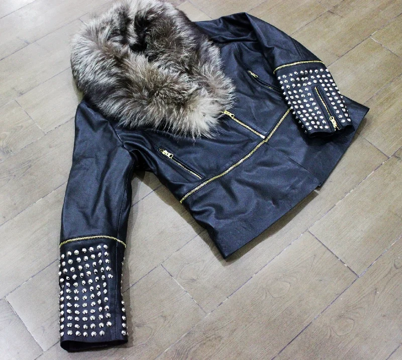 Studded Fancy Women's Leather Jacket | Detachable Faux Fur Collar