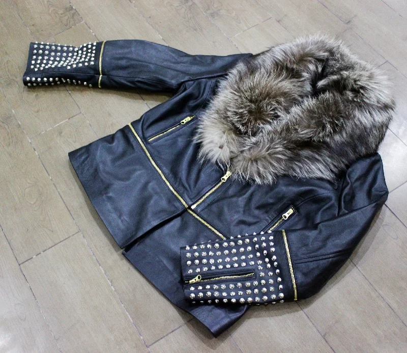 Studded Fancy Women's Leather Jacket | Detachable Faux Fur Collar