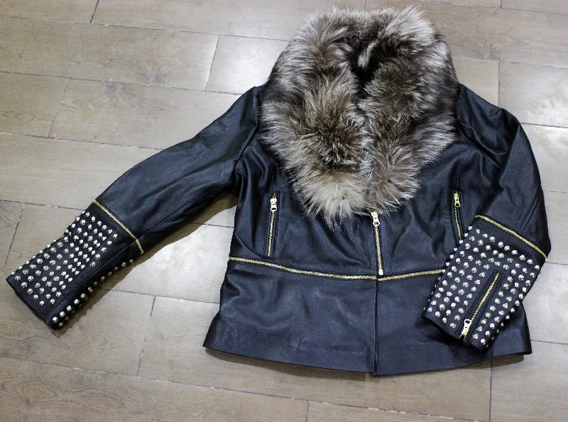 Studded Fancy Women's Leather Jacket | Detachable Faux Fur Collar