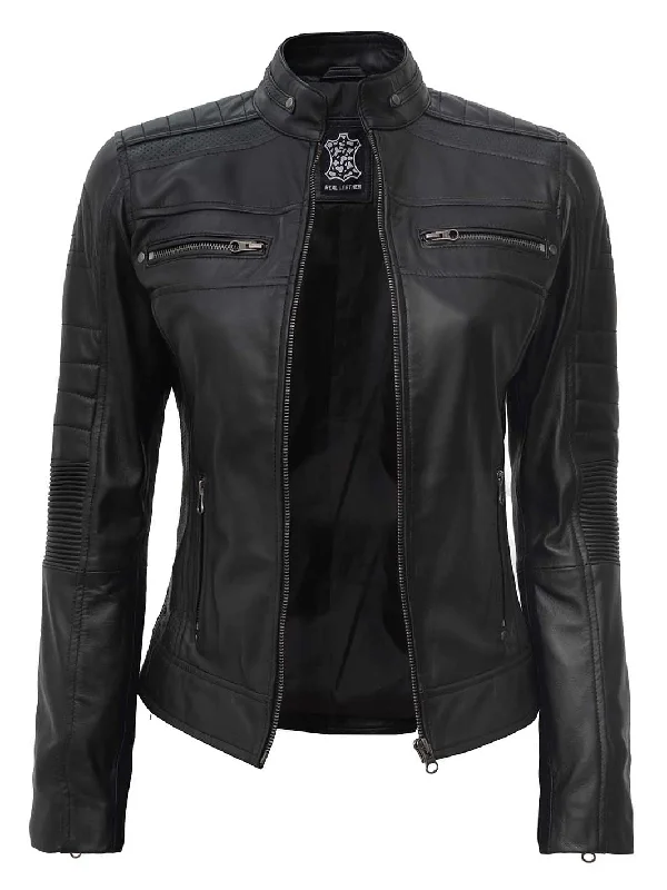 Womens Black Cafe Racer Leather Jacket