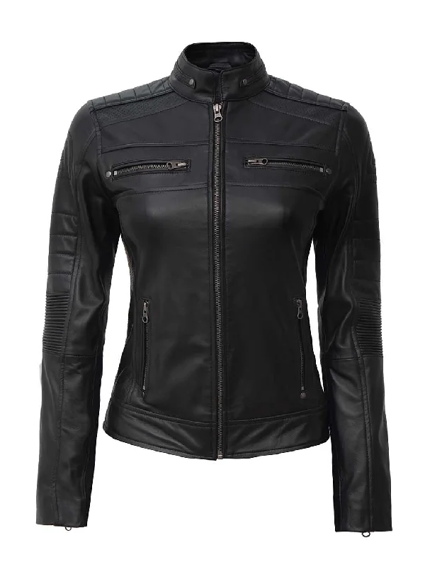 Womens Black Cafe Racer Leather Jacket