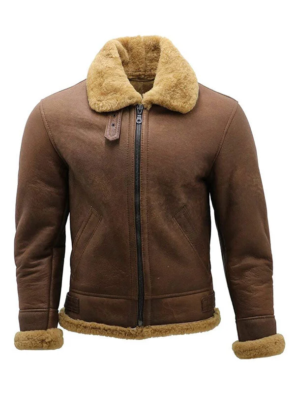 Men's Brown B3 Shearling Sheepskin WW2 Bomber Leather Flying Aviator Jacket