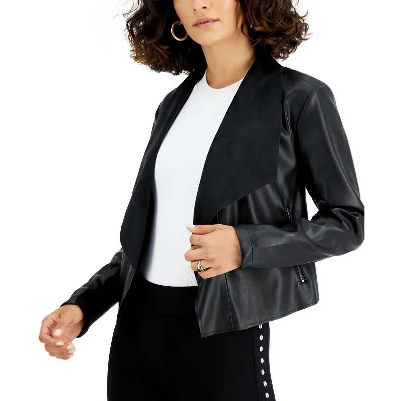 Bar III Womens Petites Faux Leather Cropped Motorcycle Jacket