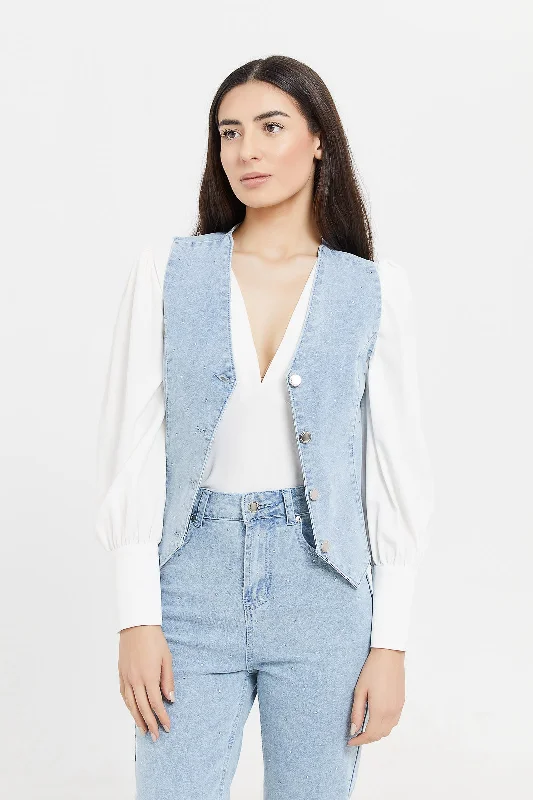 Women Blue Denim Jewel Waistcoat