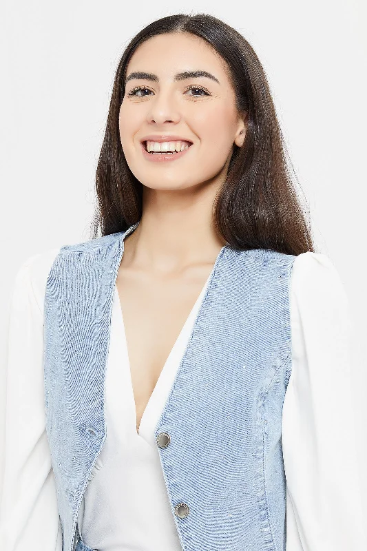 Women Blue Denim Jewel Waistcoat