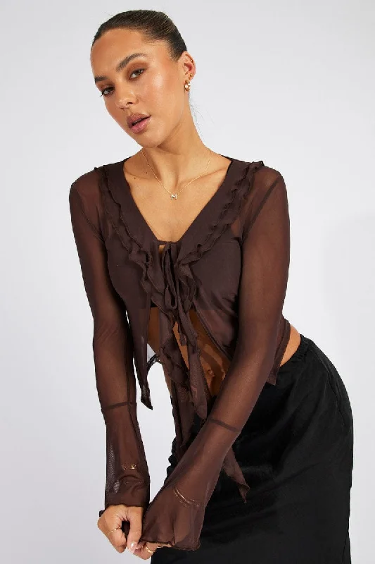 Brown Mesh Cardigan Long Sleeve